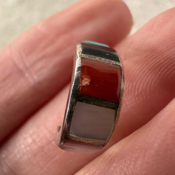 Vintage Sterling Inlaid Stone Hoop Earrings Native American - Picture 6 of 7